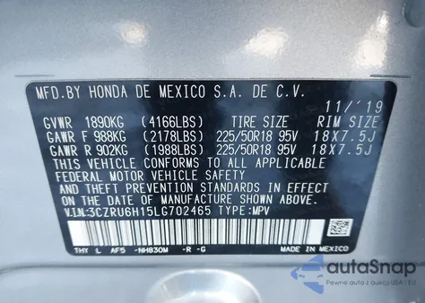 2020 Honda Hr-V Awd Sport from USA, damaged, VIN 3CZRU6H15LG702465